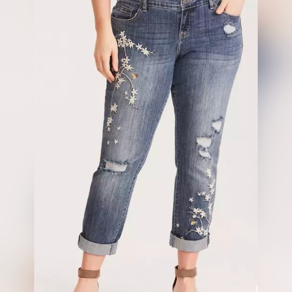 Torrid Medium Wash Premium Boyfriend Jeans with Floral Embroidery